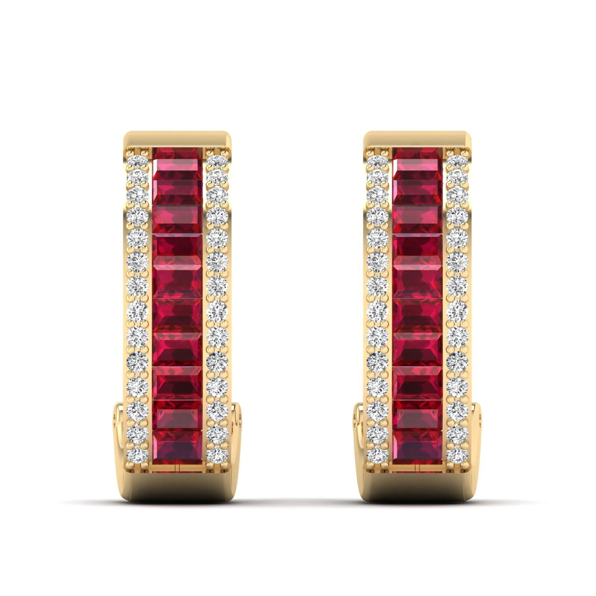 Baguette Ruby and Cluster Diamond Hoop Earrings