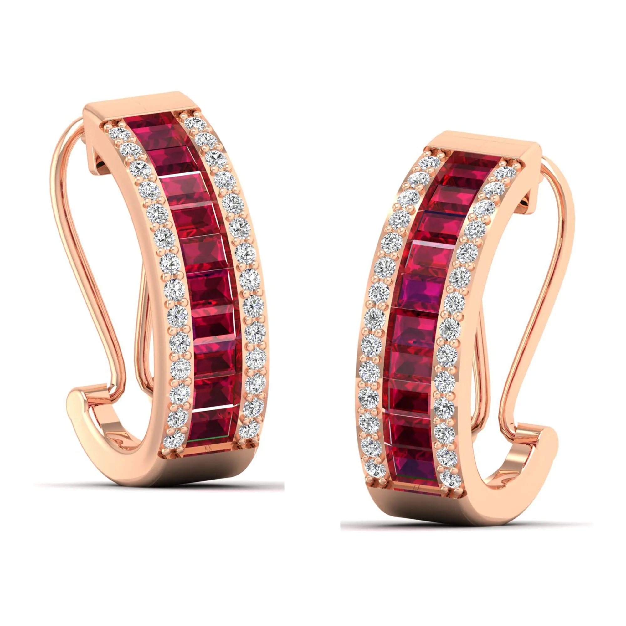 Baguette Ruby and Cluster Diamond Hoop Earrings