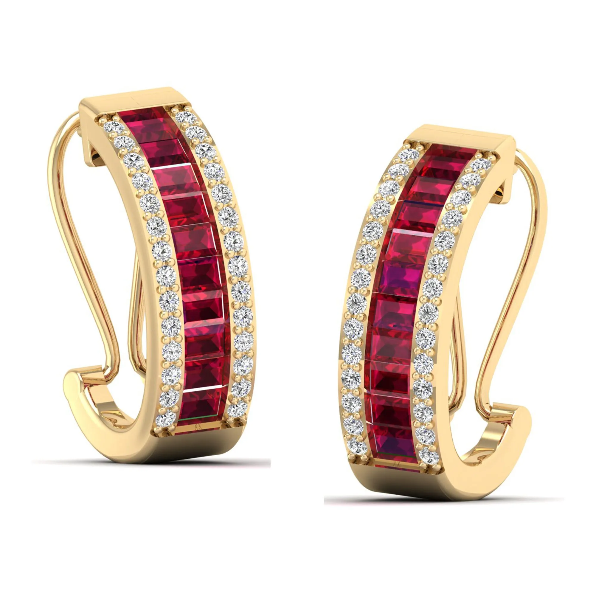 Baguette Ruby and Cluster Diamond Hoop Earrings