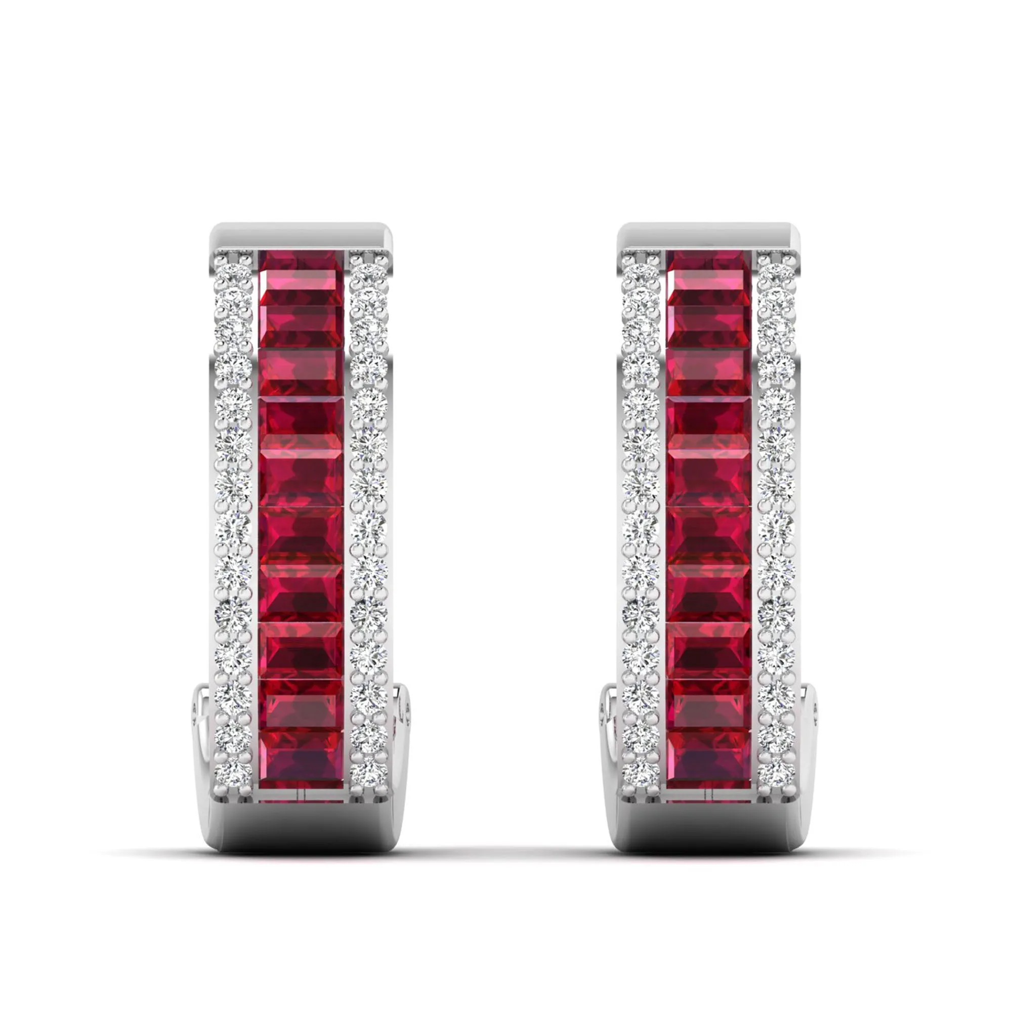Baguette Ruby and Cluster Diamond Hoop Earrings