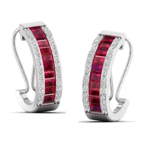 Baguette Ruby and Cluster Diamond Hoop Earrings