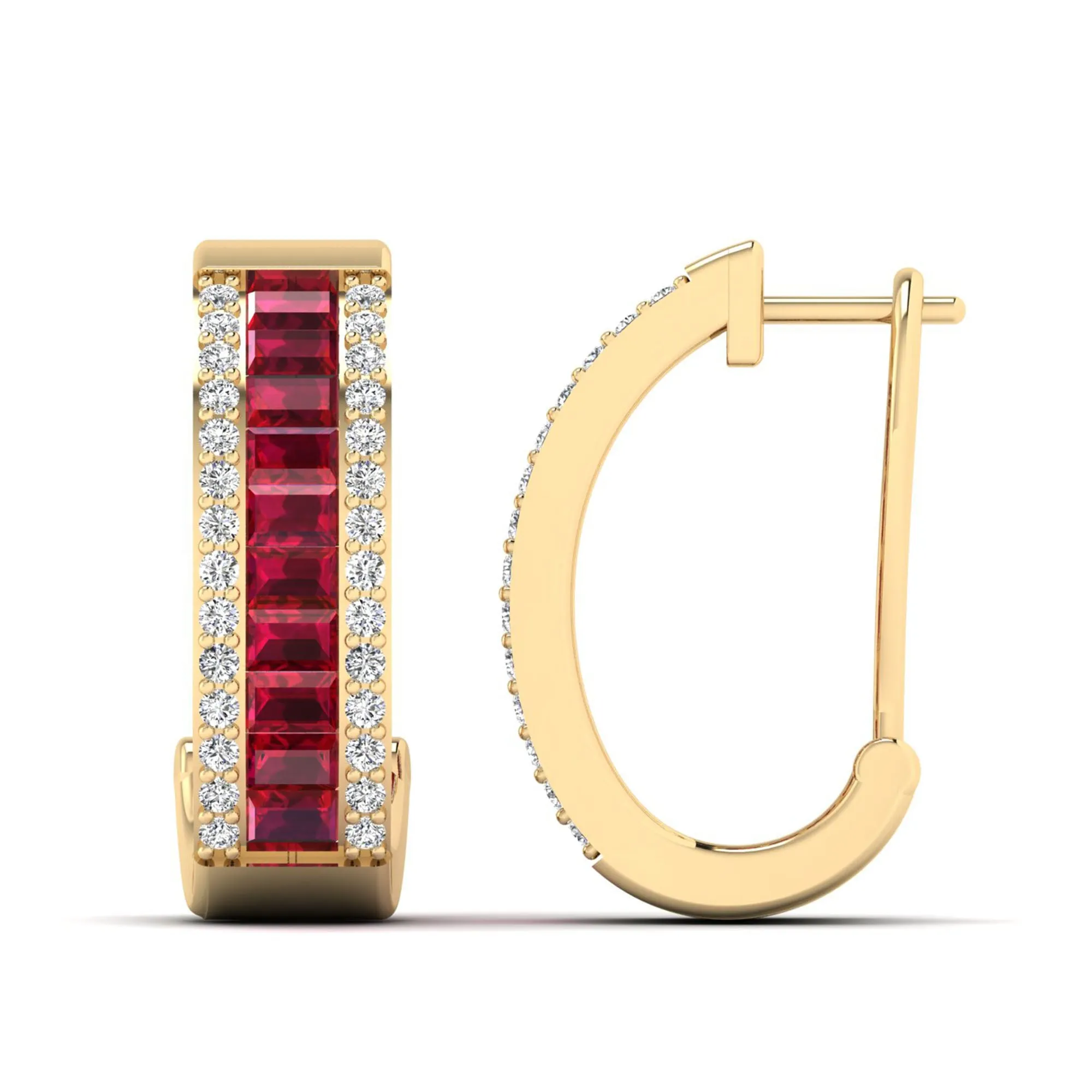 Baguette Ruby and Cluster Diamond Hoop Earrings