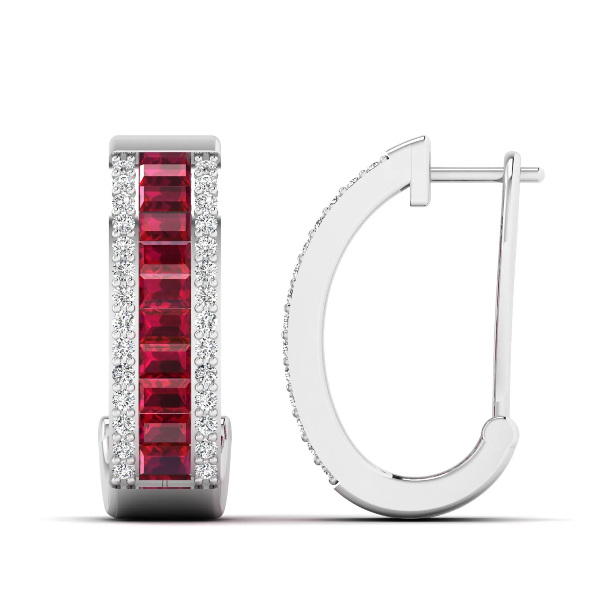 Baguette Ruby and Cluster Diamond Hoop Earrings