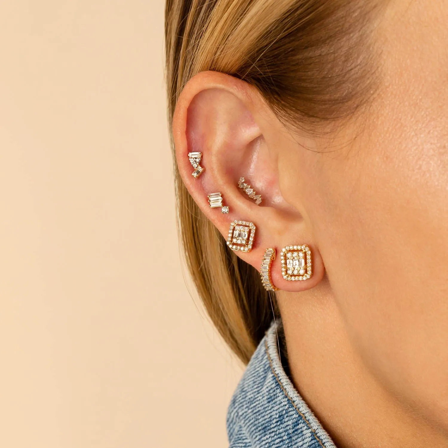 Baguette Triangle Diamond Stud Earring 14K