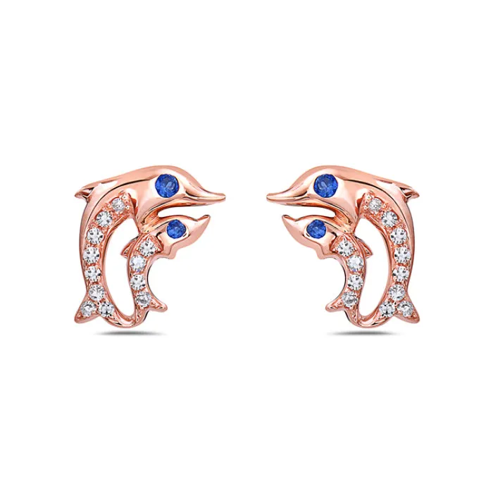 Bassali 14K Rose Gold Diamond (0.06ct) and Blue Sapphire Dolphin Stud Earrings