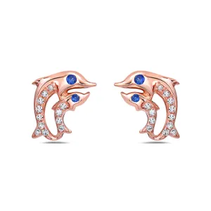 Bassali 14K Rose Gold Diamond (0.06ct) and Blue Sapphire Dolphin Stud Earrings