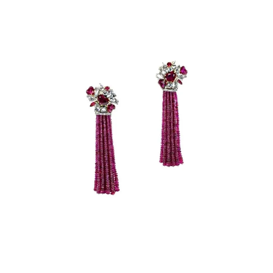 Beaded Ruby and Diamond Chandelier Earrings