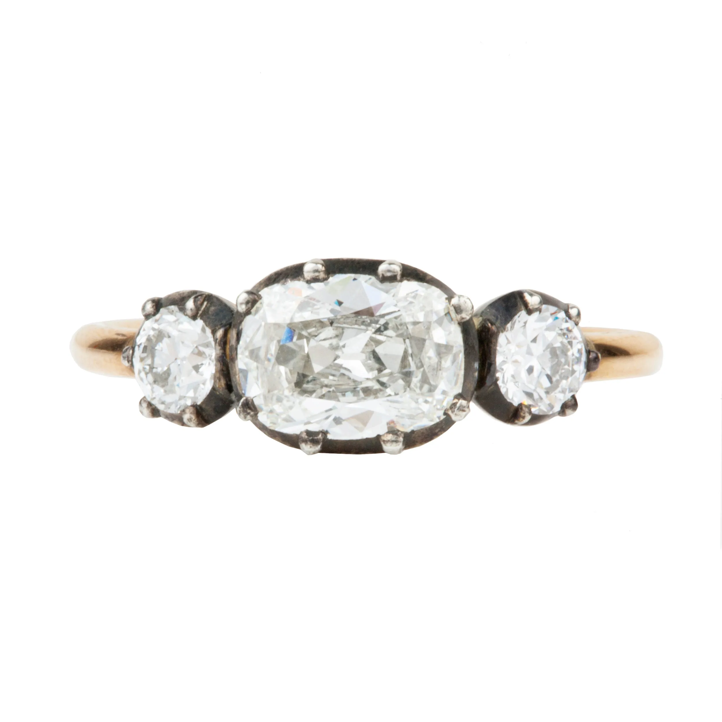 Bell & Bird Cutaway Silver on Gold Three Stone Diamond Ring