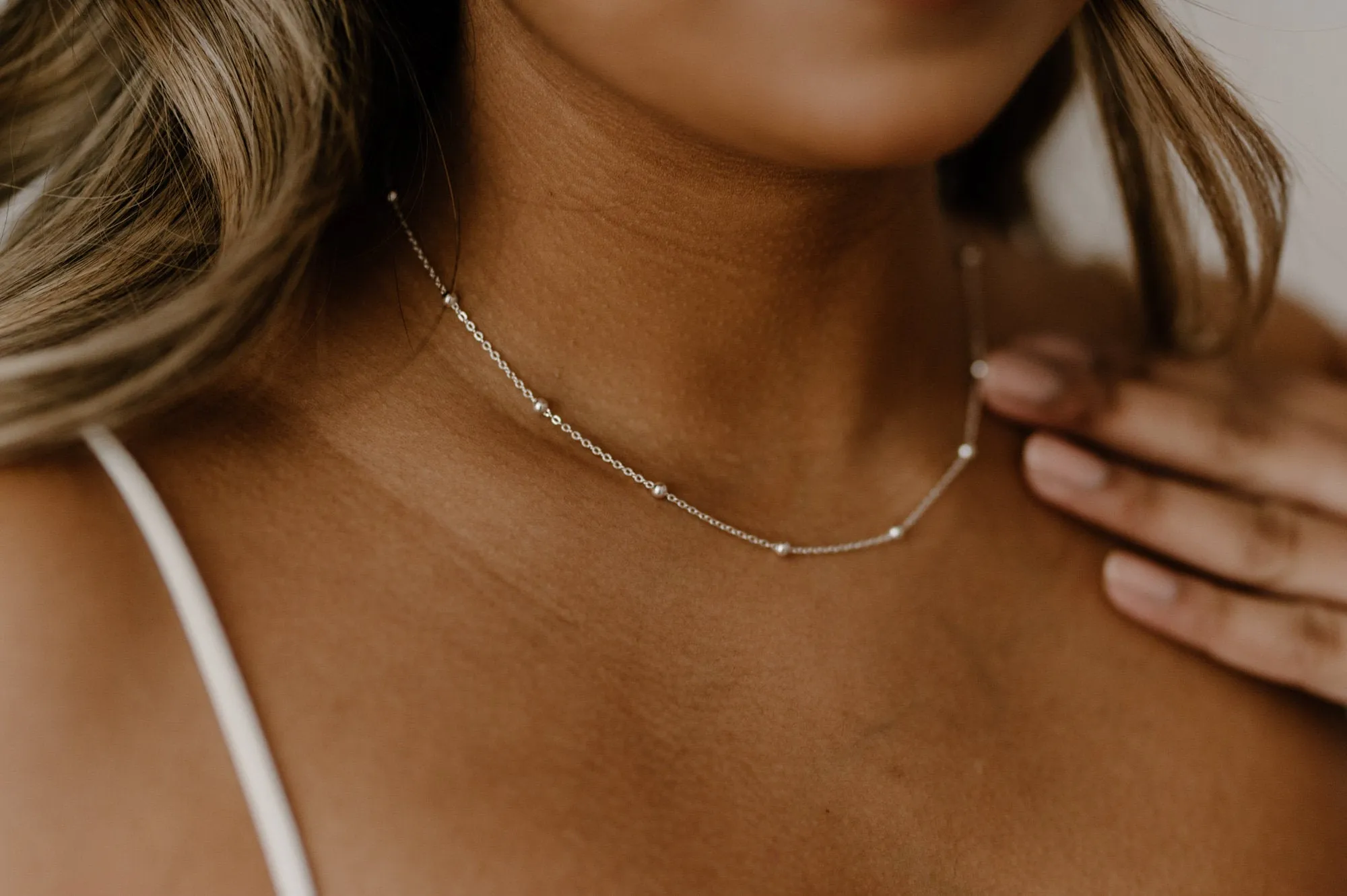 BELLE - Dainty bead satellite chain choker necklace 925 sterling silver boho style gold plated silver bead orb chain stacking necklace