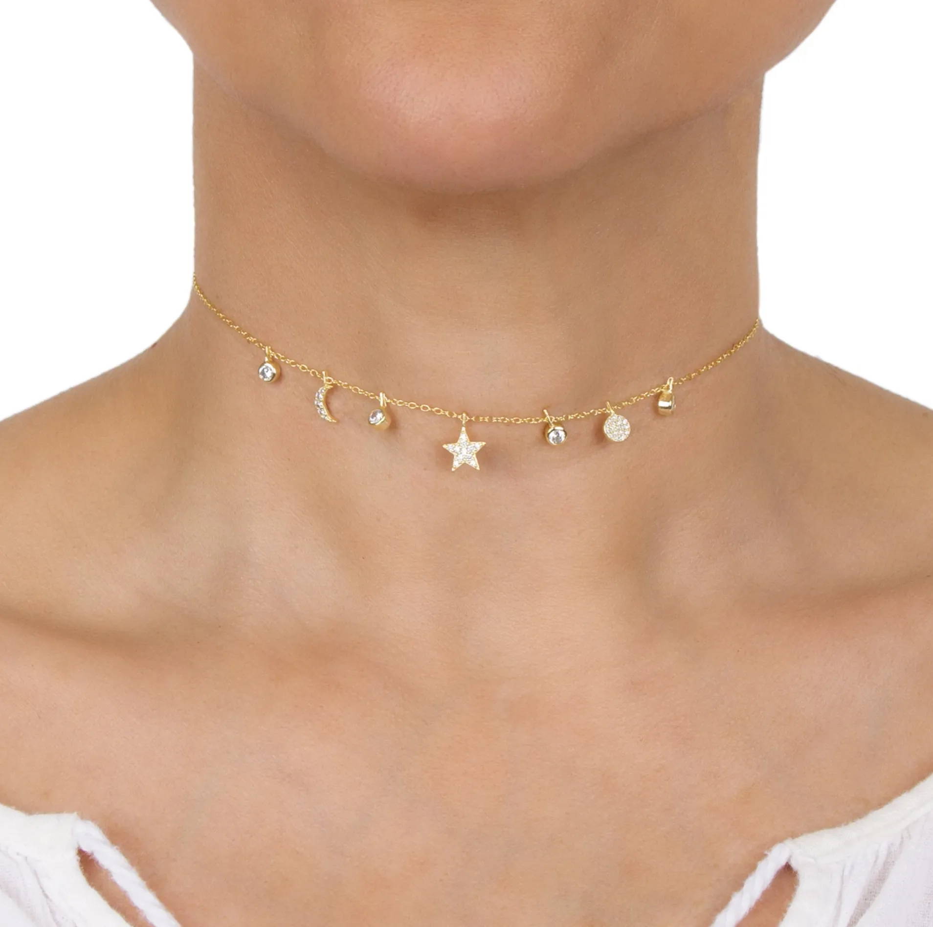 Bezel CZ Charm Choker - Gold or Silver