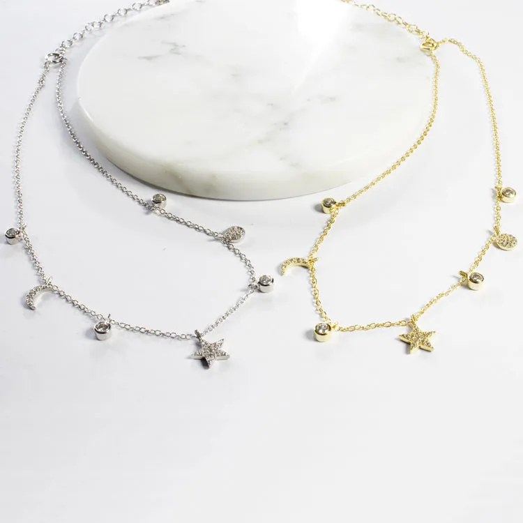 Bezel CZ Charm Choker - Gold or Silver