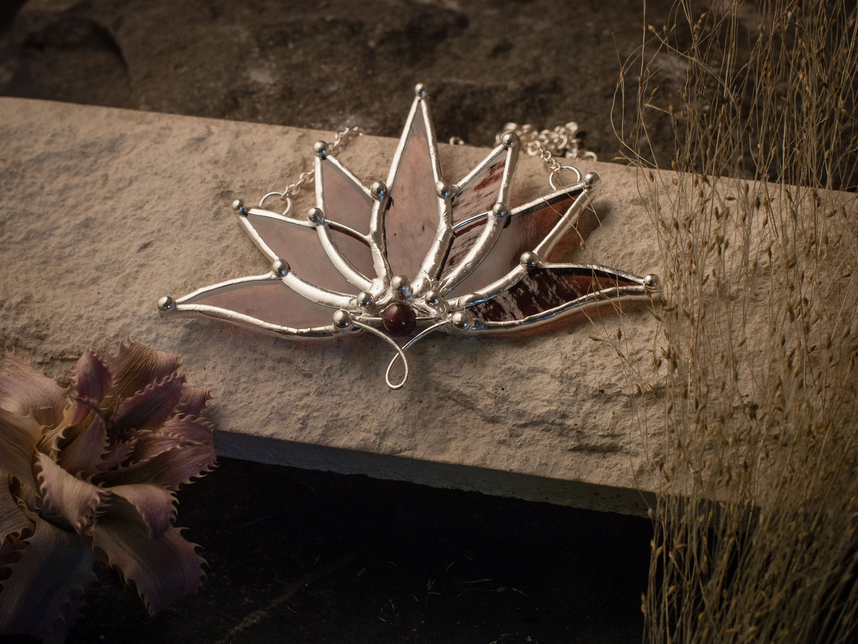 Big red Lotus with Garnet Stone bead