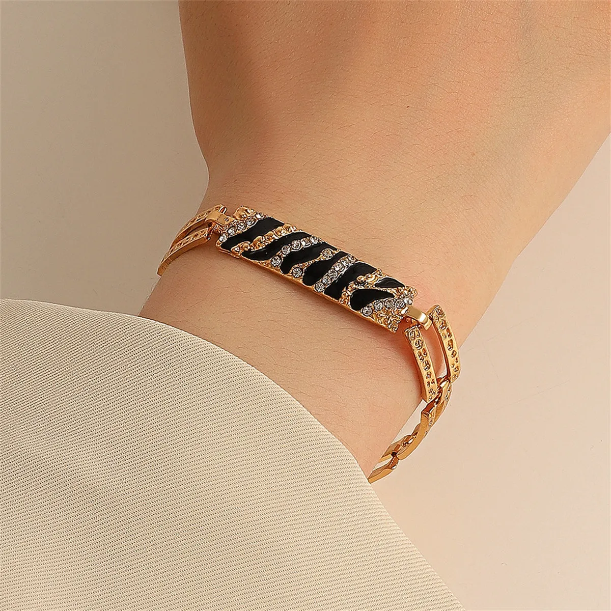 Black & 18K Gold-Plated Cubic Zirconia-Accent Leopard Bar Bracelet