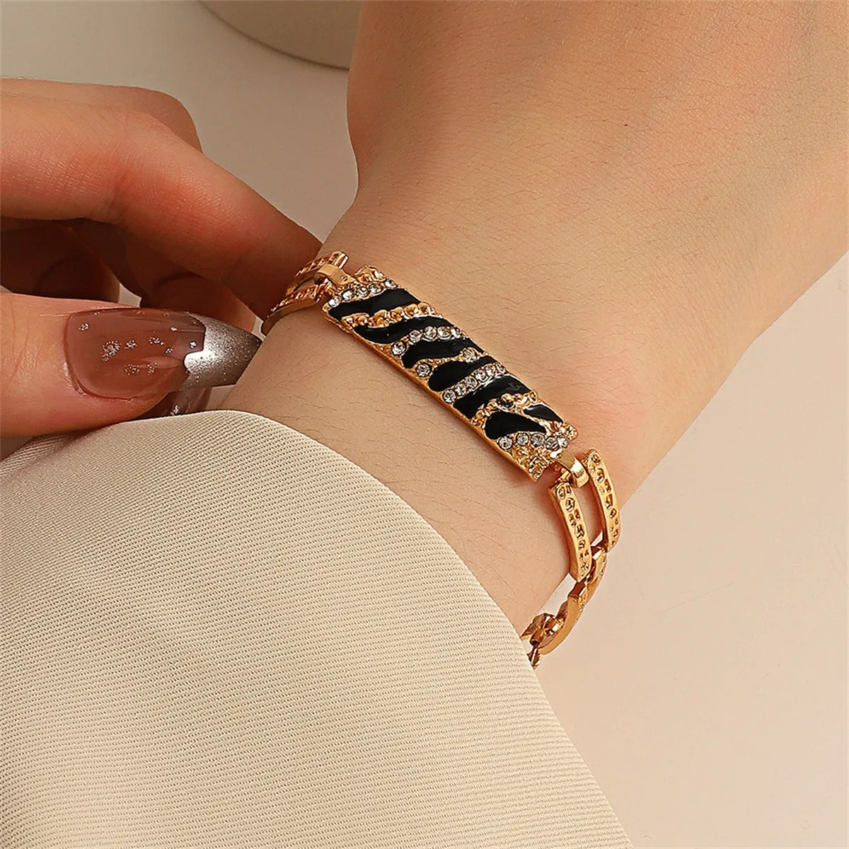 Black & 18K Gold-Plated Cubic Zirconia-Accent Leopard Bar Bracelet