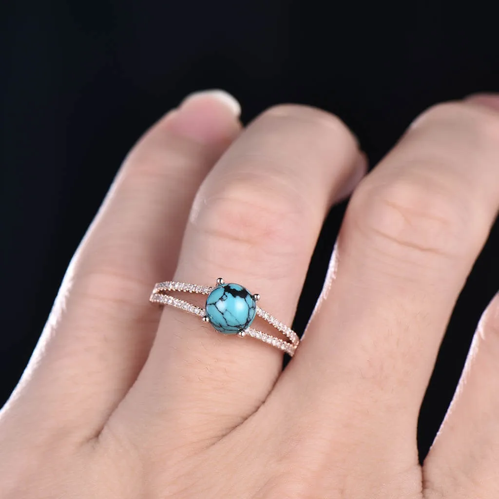Black Blue Turquoise Engagement Ring 14k 18k Rose Gold Diamond Split Shank Wedding Band Solitaire Bridal Anniversary