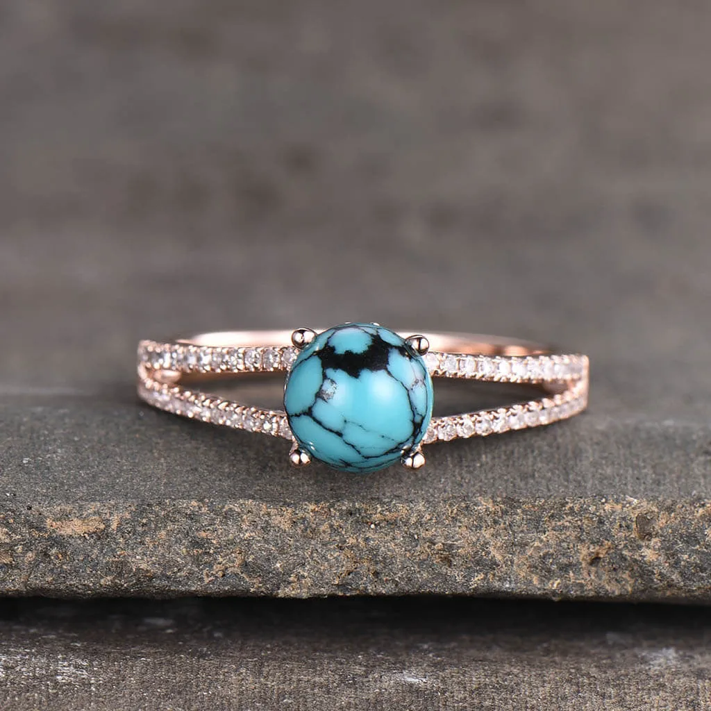 Black Blue Turquoise Engagement Ring 14k 18k Rose Gold Diamond Split Shank Wedding Band Solitaire Bridal Anniversary