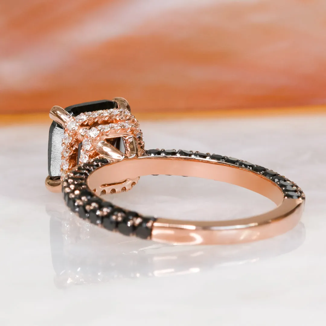 Black Magic - 3.44 Carats Double Hidden Halo Three-Sided Black & White Natural Diamond Cushion Cut