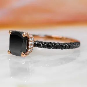 Black Magic - 3.44 Carats Double Hidden Halo Three-Sided Black & White Natural Diamond Cushion Cut