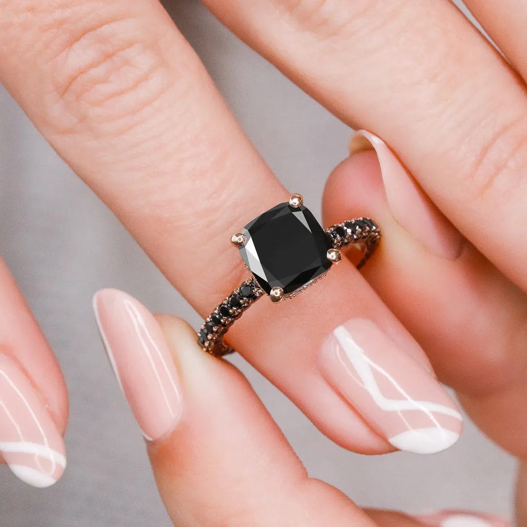 Black Magic - 3.44 Carats Double Hidden Halo Three-Sided Black & White Natural Diamond Cushion Cut