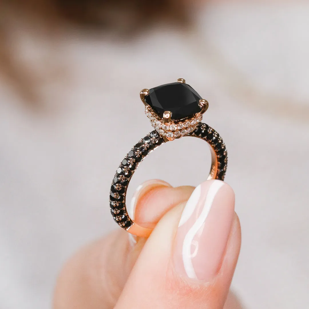 Black Magic - 3.44 Carats Double Hidden Halo Three-Sided Black & White Natural Diamond Cushion Cut
