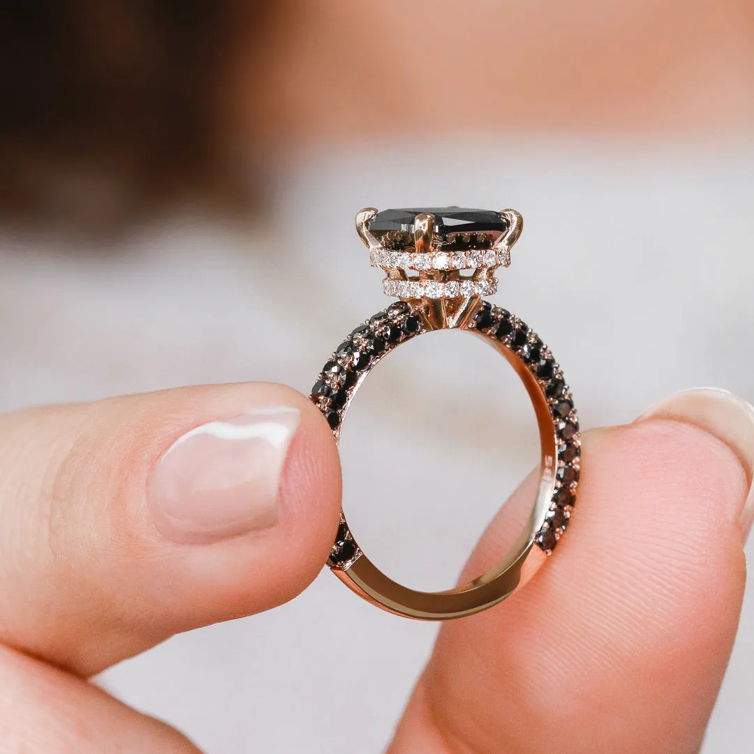 Black Magic - 3.44 Carats Double Hidden Halo Three-Sided Black & White Natural Diamond Cushion Cut