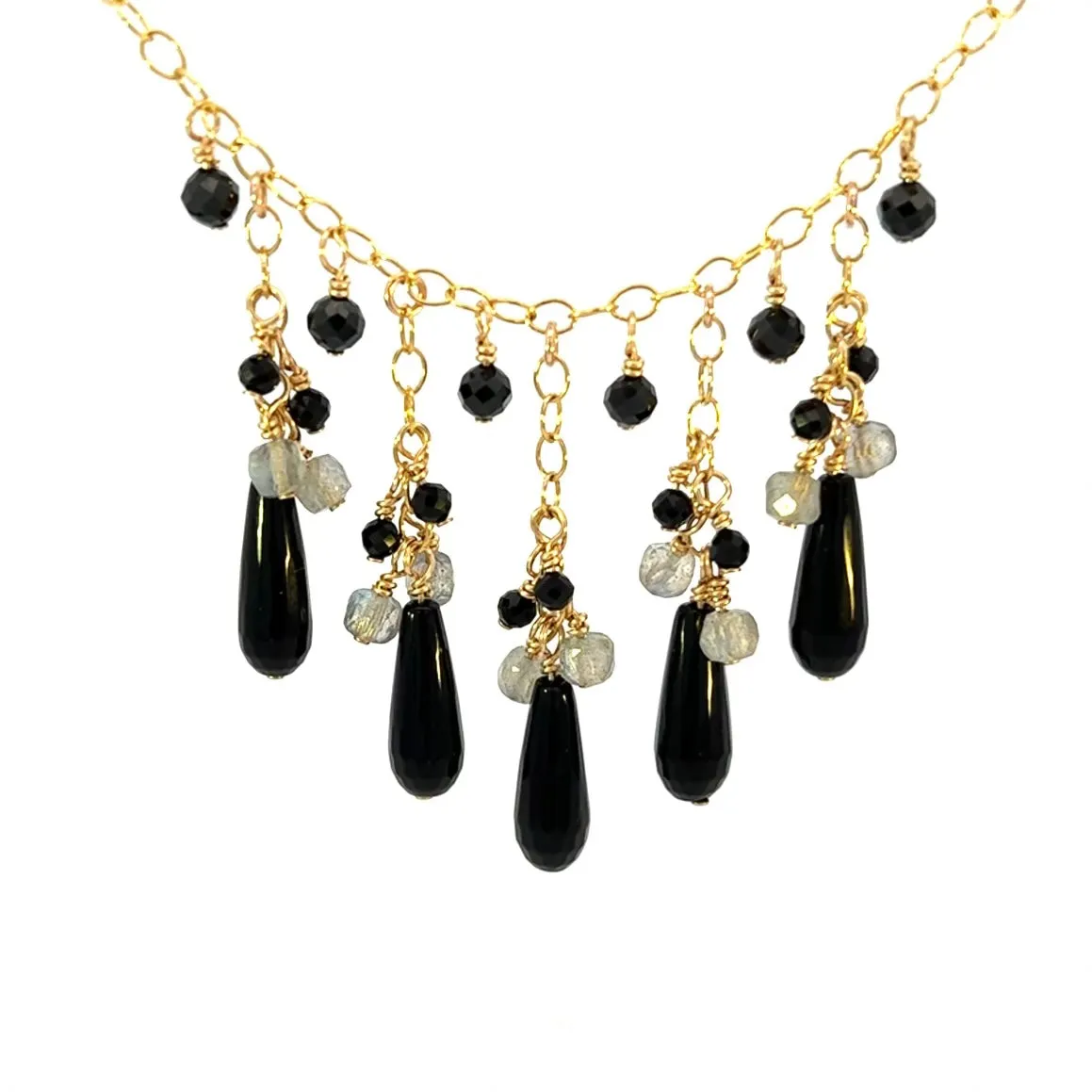 Black Onyx Black Spinel and Labradorite Choker Necklace 14k GF Gold