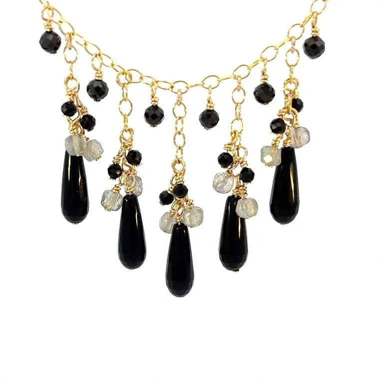 Black Onyx Black Spinel and Labradorite Choker Necklace 14k GF Gold