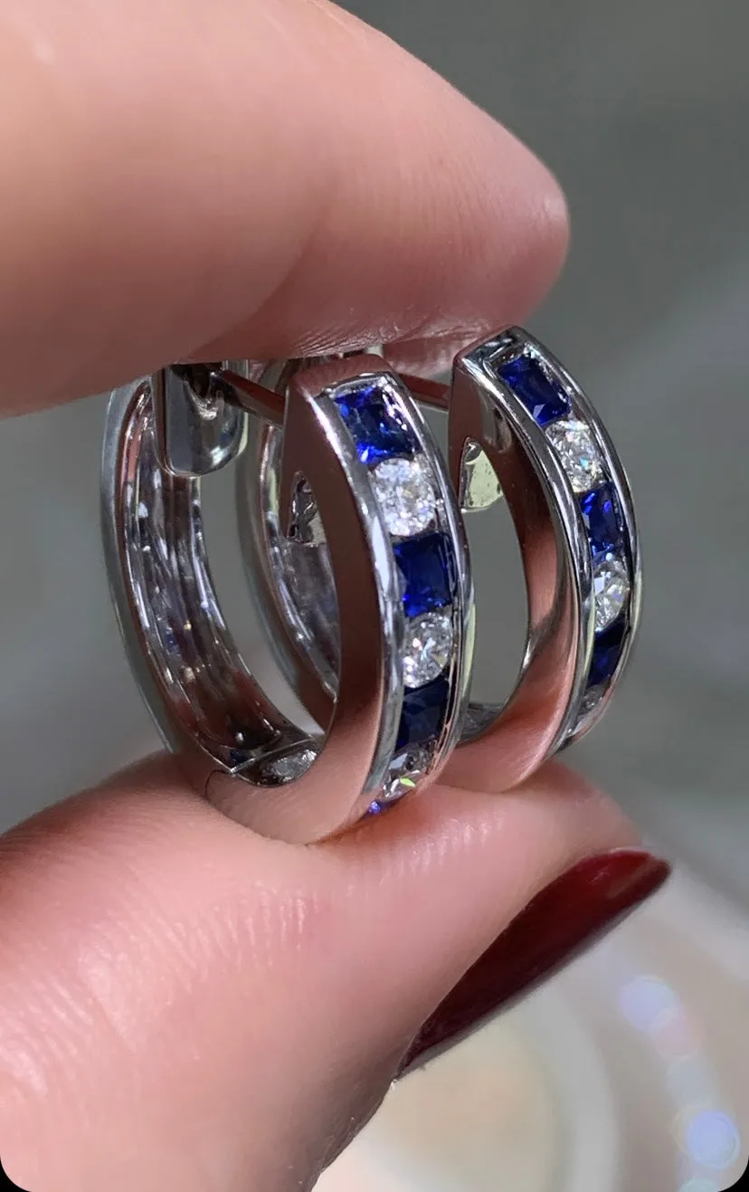Blue Sapphire and Diamond Hoop Huggies