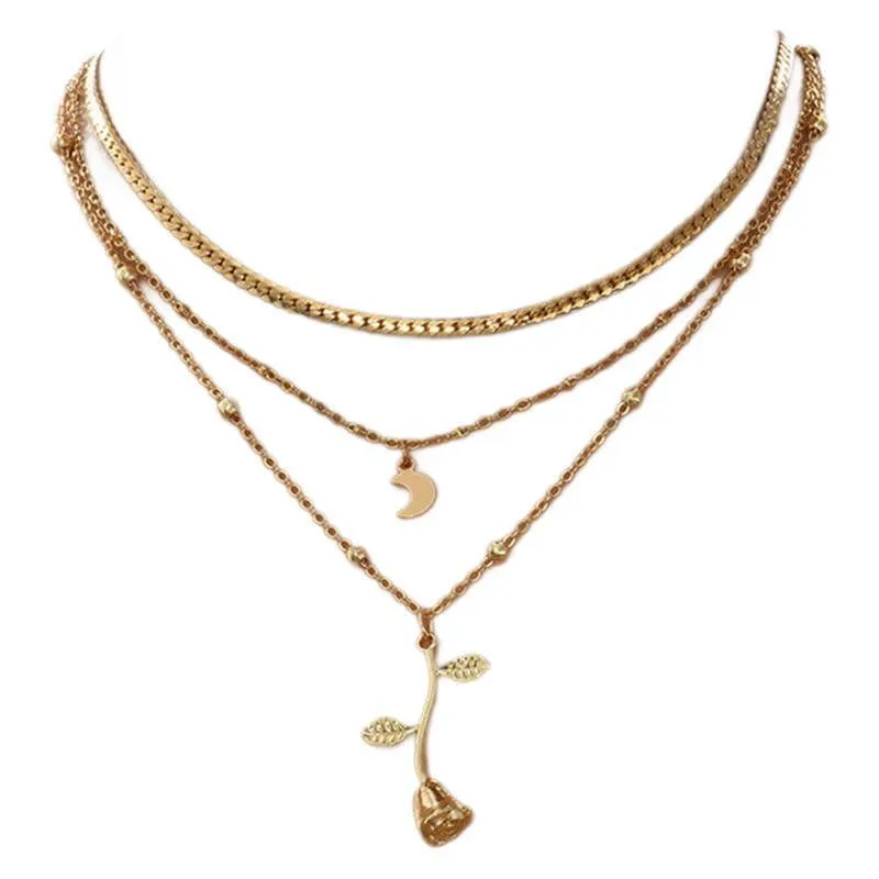 Bohemia Multilayer Moon Gold Color Pendant Necklaces For Women Rose Flower Choker Necklace 2025  Jewelry