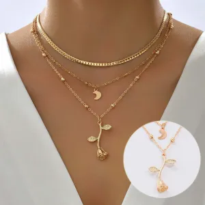 Bohemia Multilayer Moon Gold Color Pendant Necklaces For Women Rose Flower Choker Necklace 2025  Jewelry