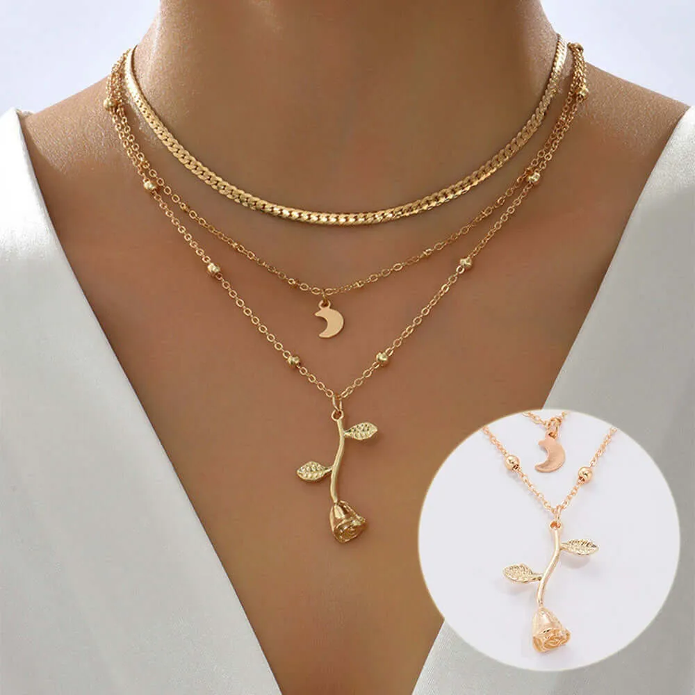 Bohemia Multilayer Moon Gold Color Pendant Necklaces For Women Rose Flower Choker Necklace 2025  Jewelry