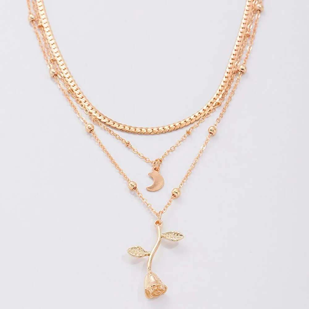 Bohemia Multilayer Moon Gold Color Pendant Necklaces For Women Rose Flower Choker Necklace 2025  Jewelry