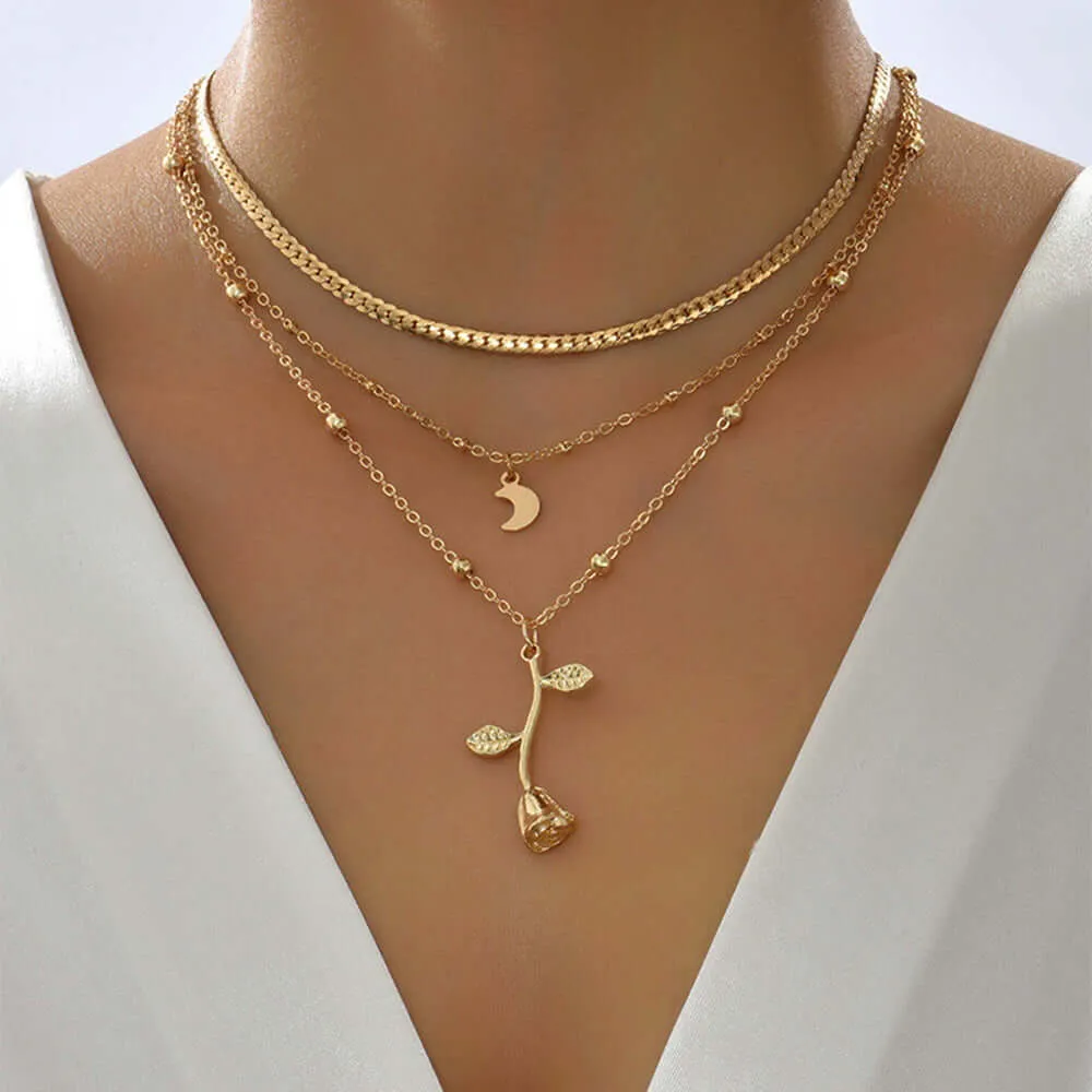 Bohemia Multilayer Moon Gold Color Pendant Necklaces For Women Rose Flower Choker Necklace 2025  Jewelry