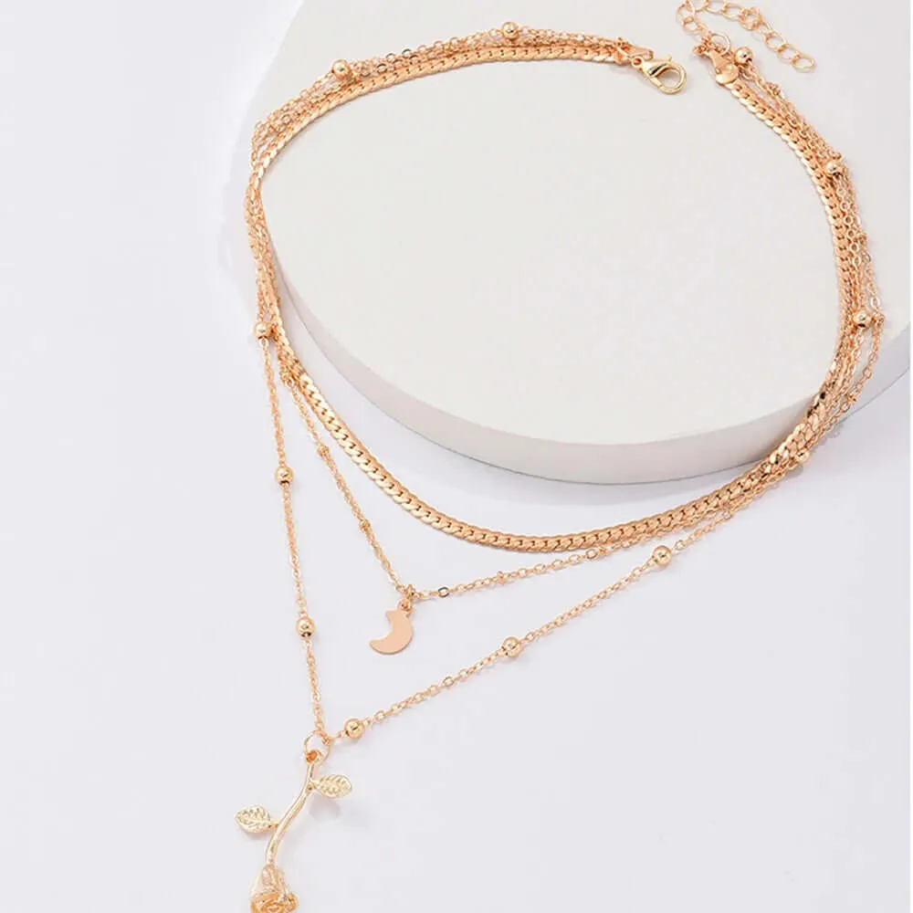 Bohemia Multilayer Moon Gold Color Pendant Necklaces For Women Rose Flower Choker Necklace 2025  Jewelry
