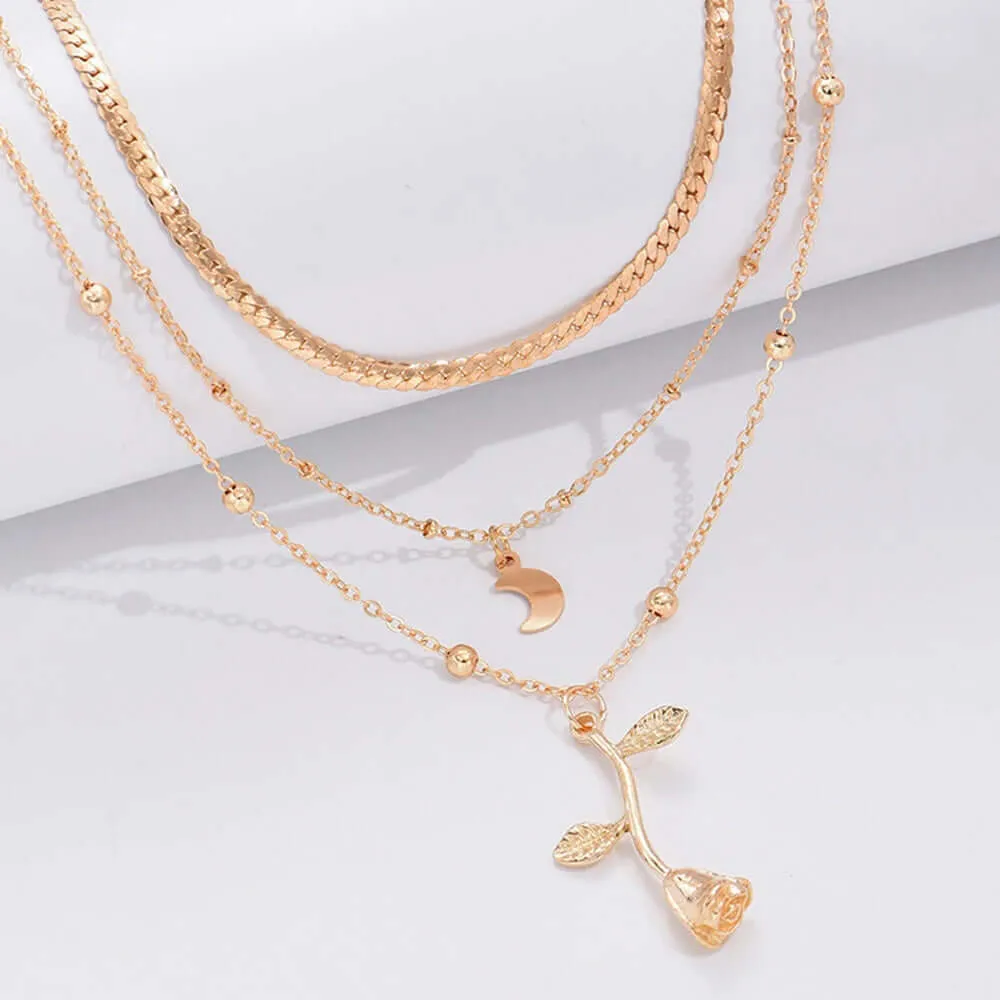 Bohemia Multilayer Moon Gold Color Pendant Necklaces For Women Rose Flower Choker Necklace 2025  Jewelry