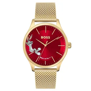 BOSS ELITE BUGS BUNNY GOLD STEEL MESH RED DIAL MEN'S WATCH 1514063