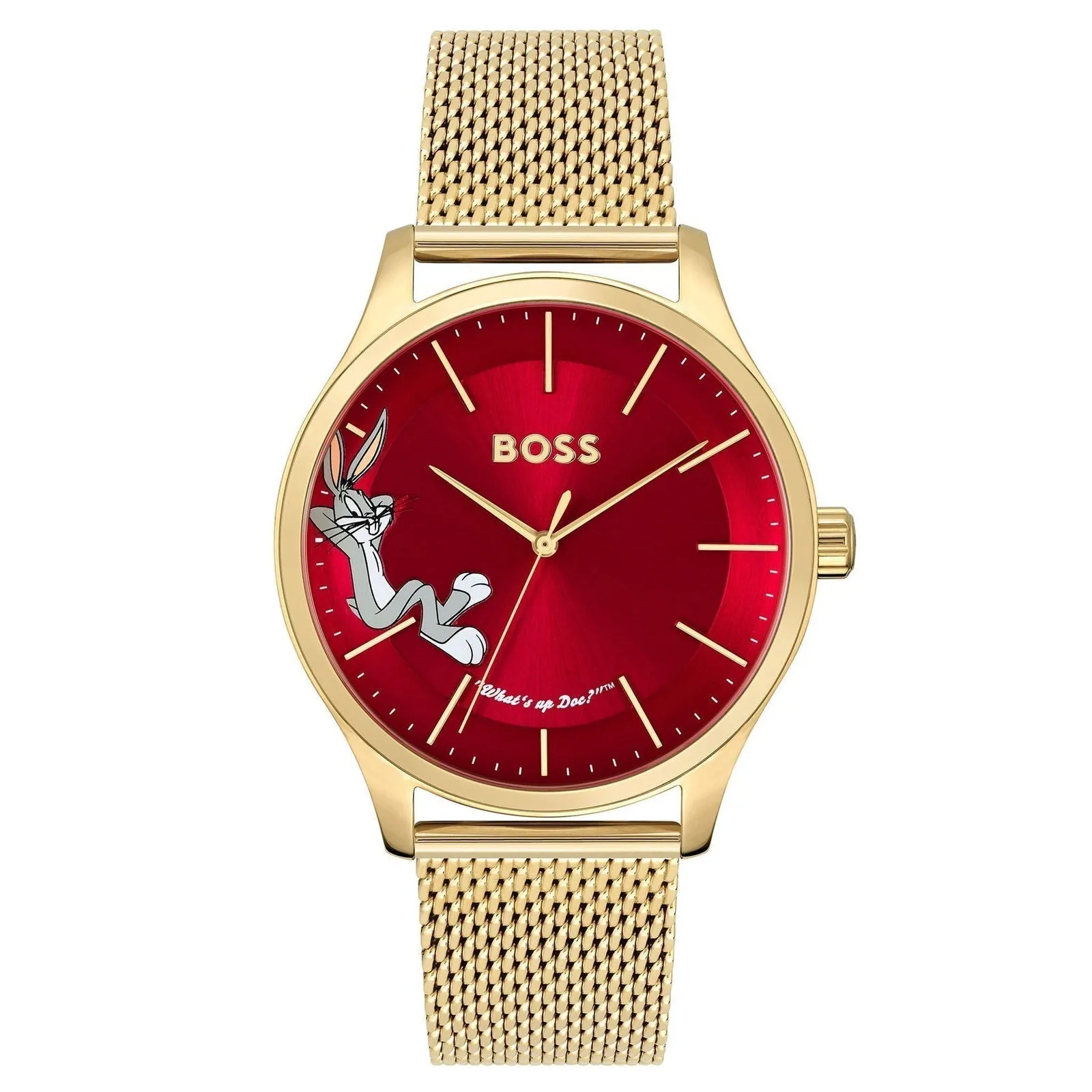 BOSS ELITE BUGS BUNNY GOLD STEEL MESH RED DIAL MEN'S WATCH 1514063