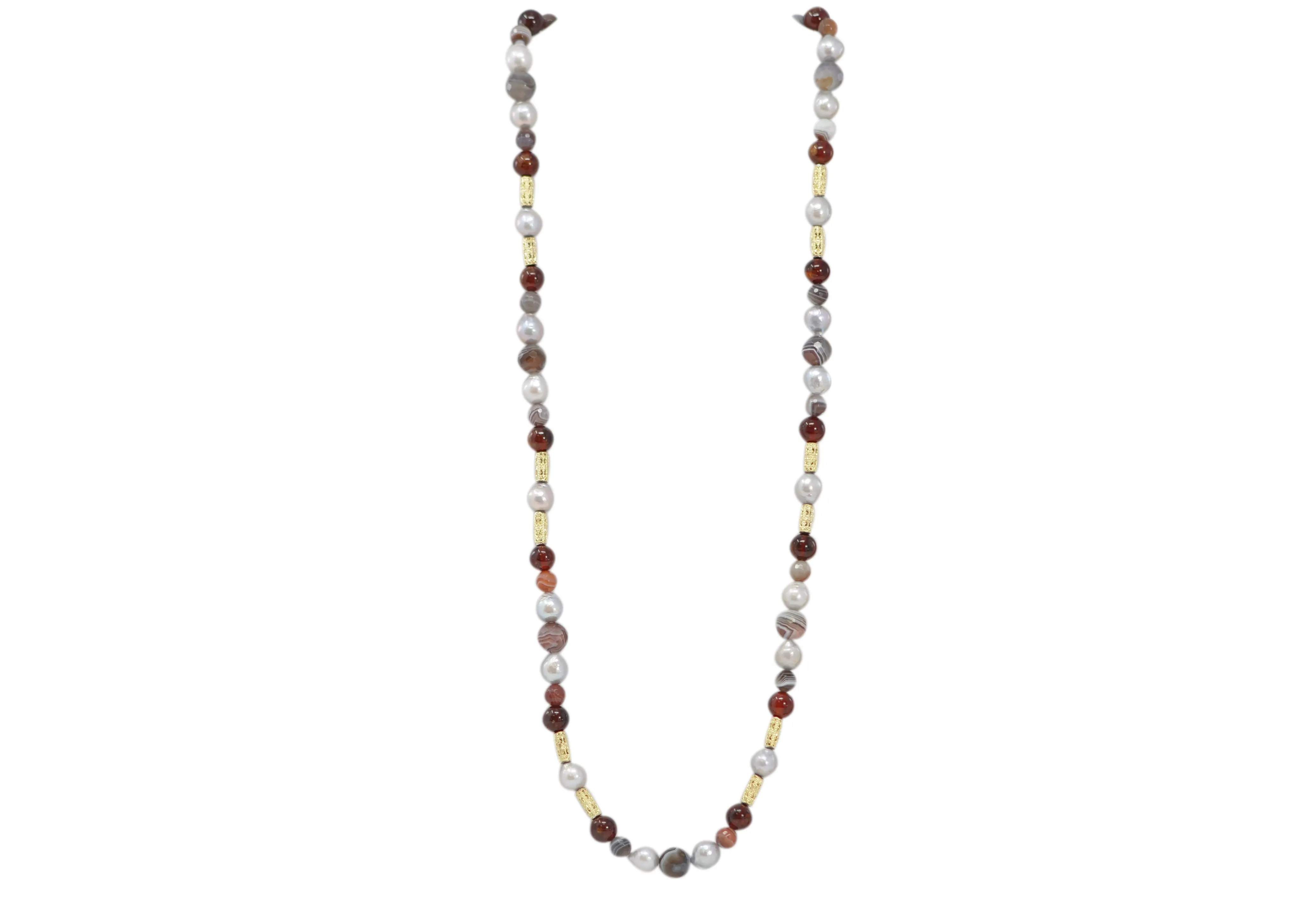 Botswana Agate, Pearls, and Garnet Beaded Necklace