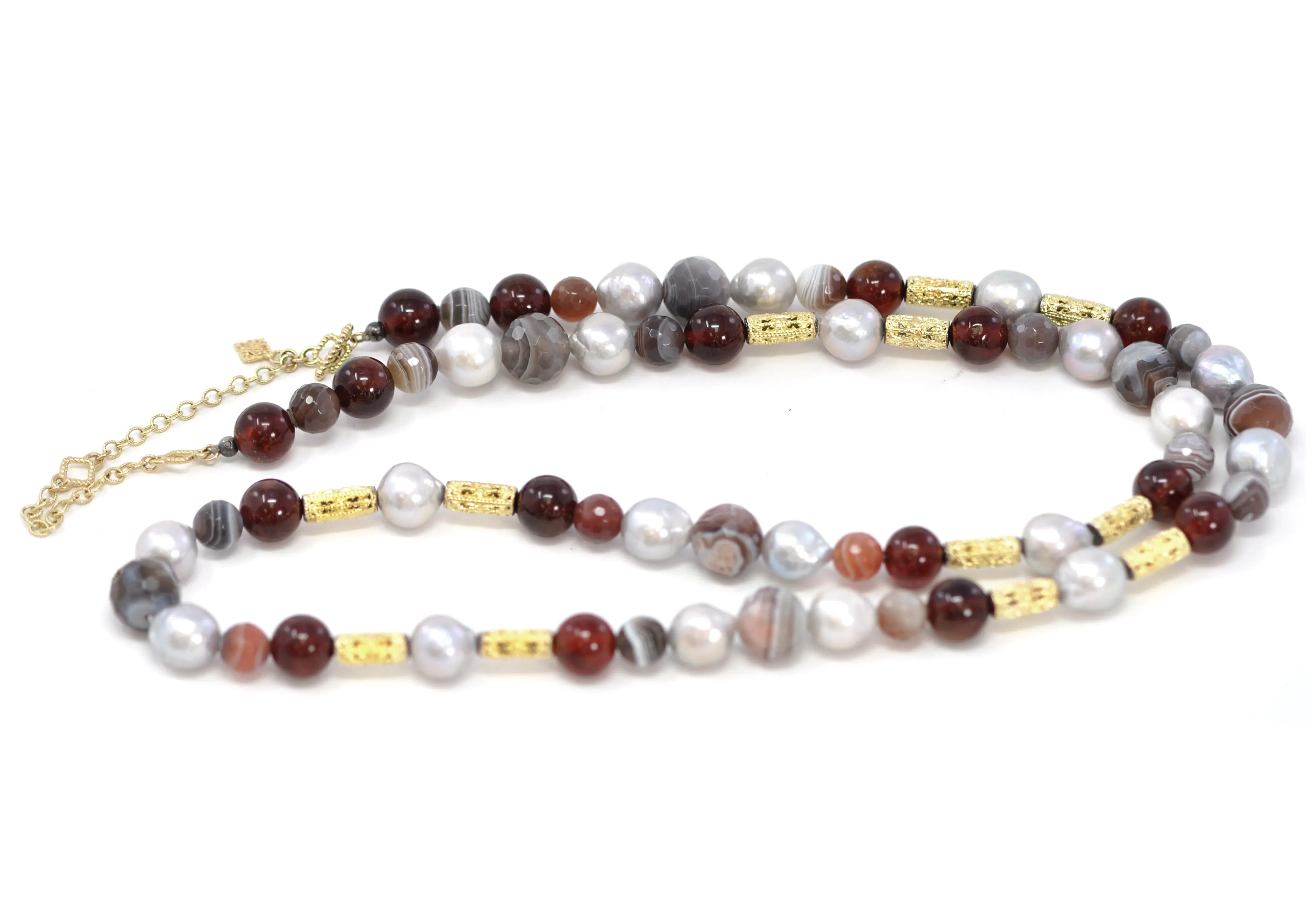 Botswana Agate, Pearls, and Garnet Beaded Necklace