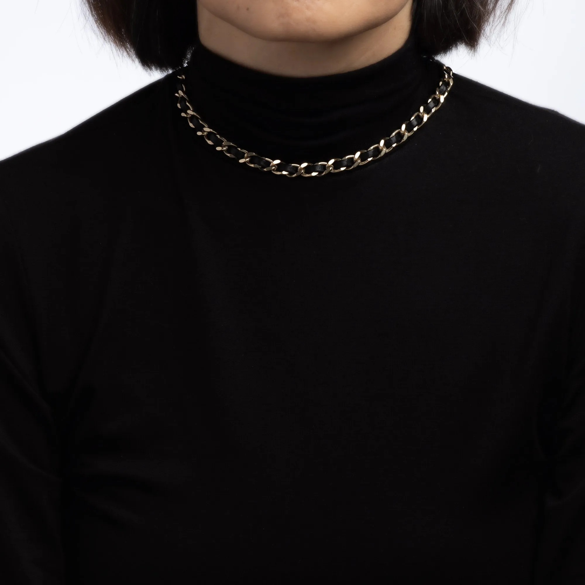 Chanel 2012 Choker Necklace Black Leather Chain Link CC Logo Turn Lock 15 Inch Gold Tone