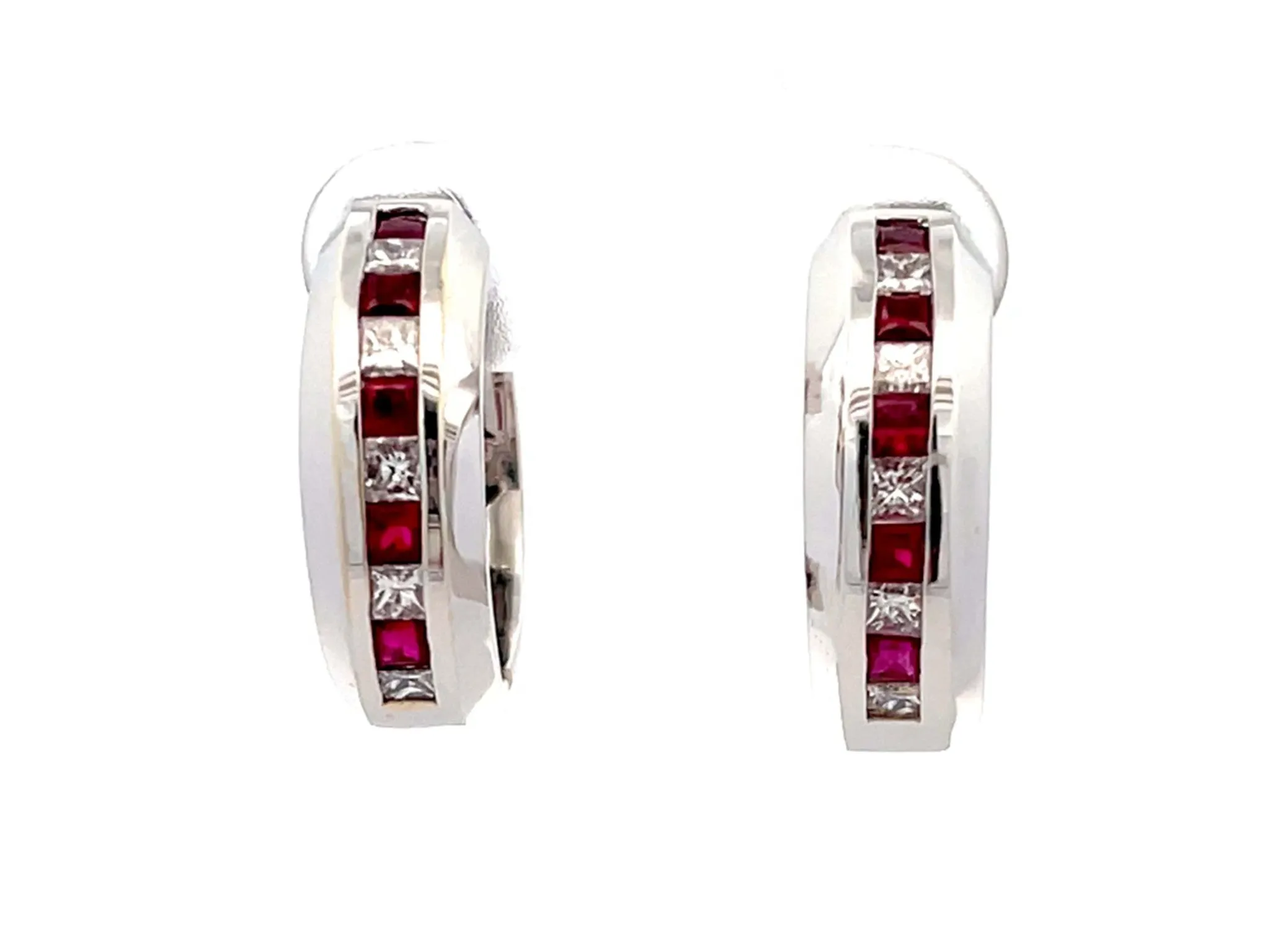 Channel Set Ruby and Diamond Hoop Earrings 18k White Gold