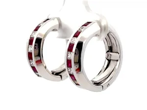 Channel Set Ruby and Diamond Hoop Earrings 18k White Gold