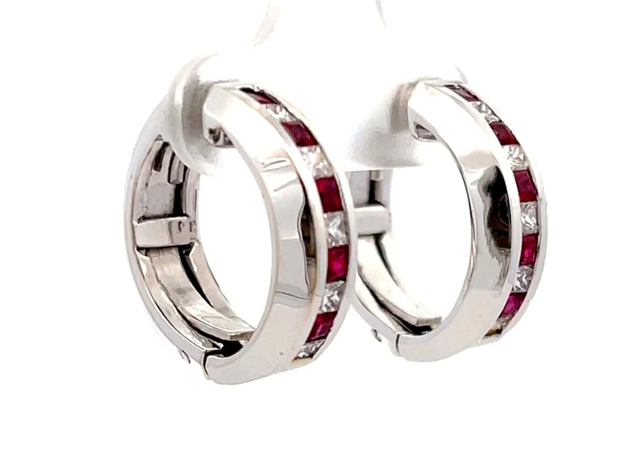 Channel Set Ruby and Diamond Hoop Earrings 18k White Gold