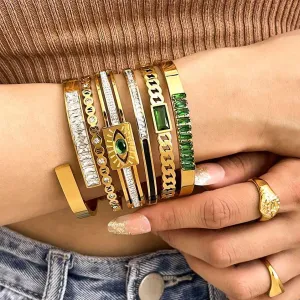 Chic Green Zircon Stainless Steel Bangle Bracelets for Women Charm Texture Simple Gold Color Accessories