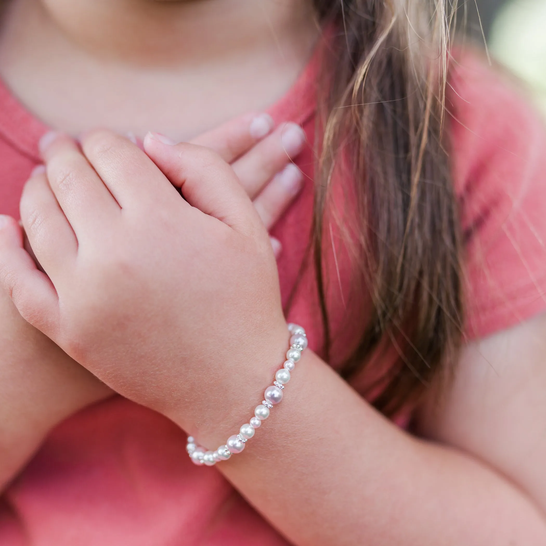 Children's Sterling Silver Pink & White Simulated Pearl Bracelet for Kids