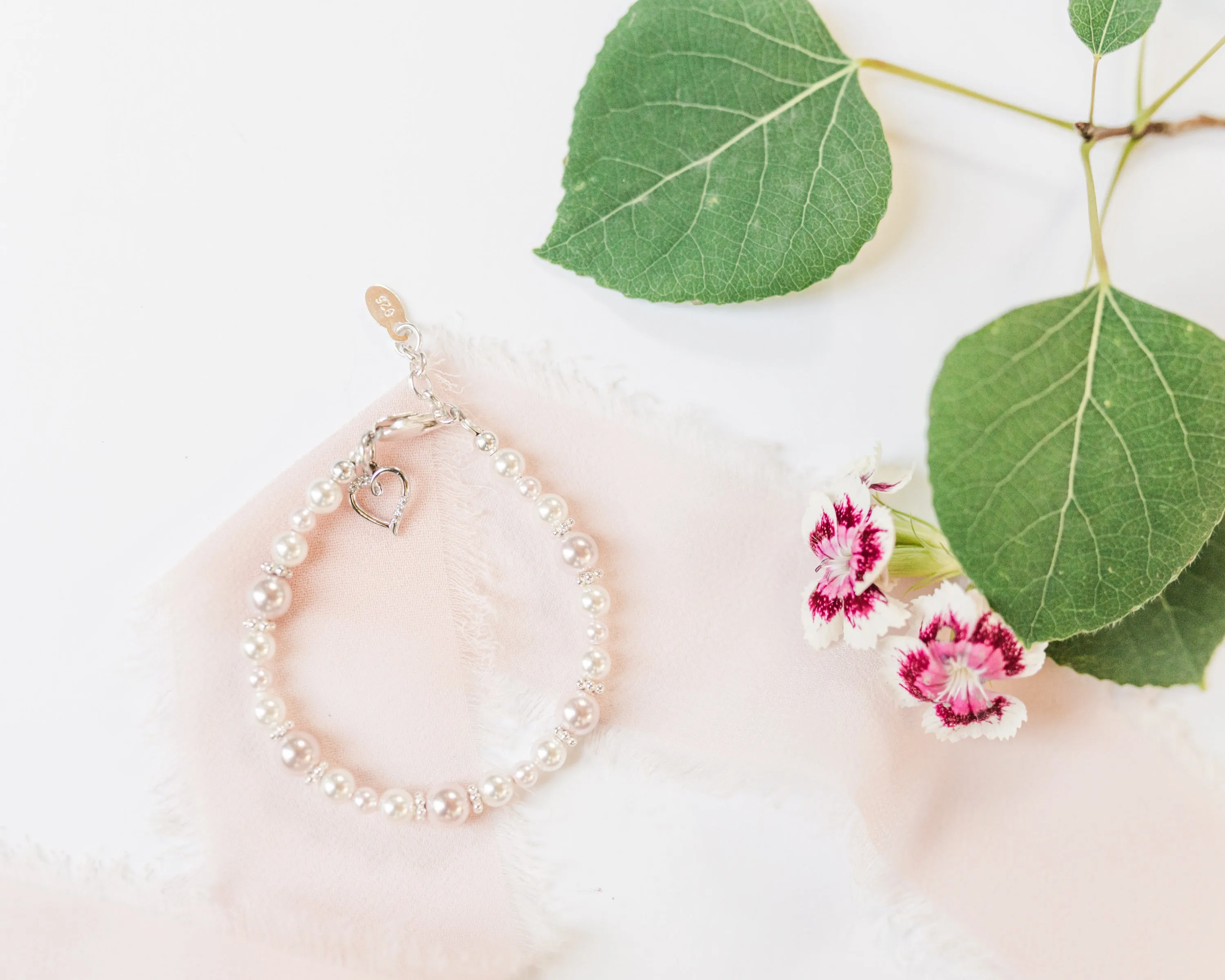 Children's Sterling Silver Pink & White Simulated Pearl Bracelet for Kids