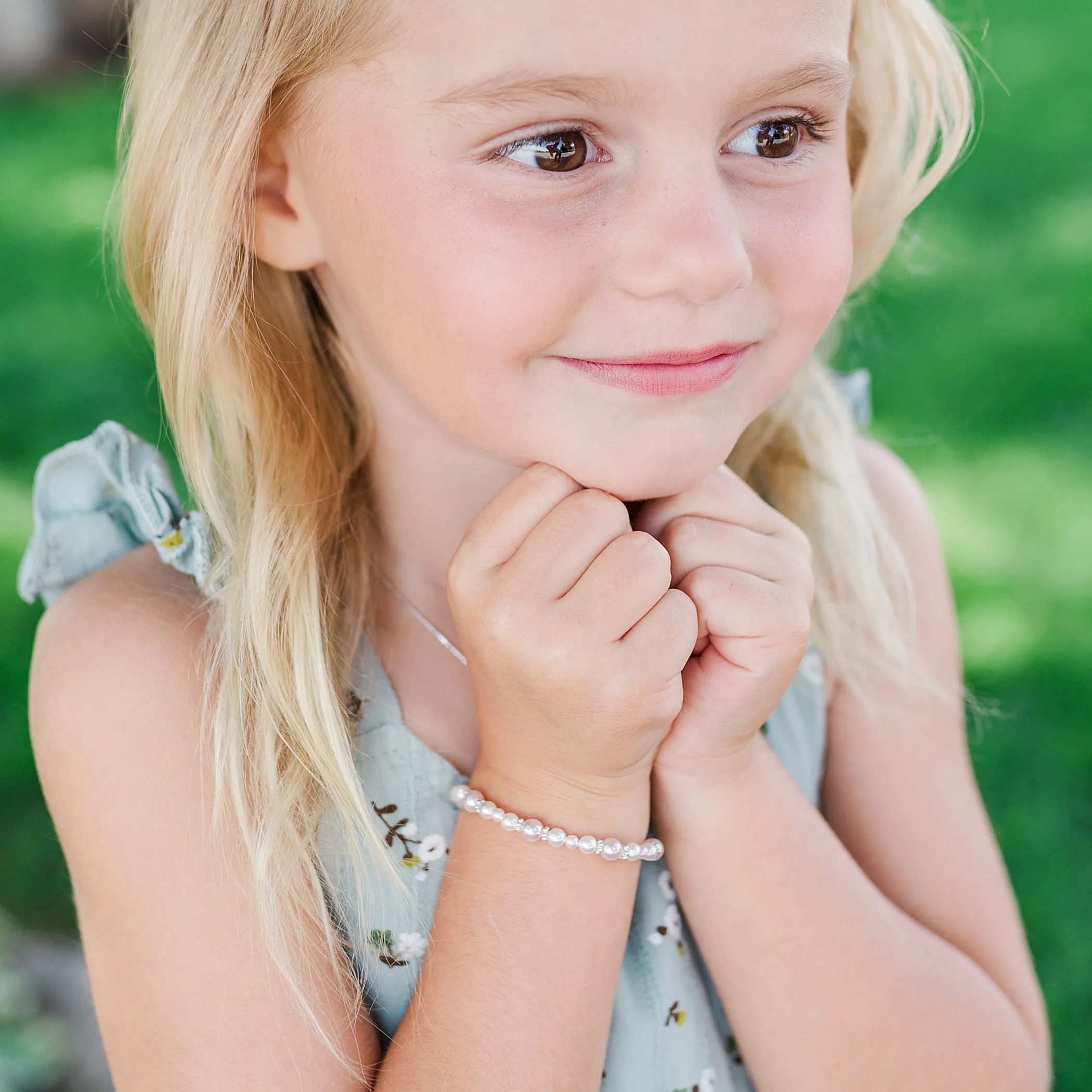Children's Sterling Silver Pink & White Simulated Pearl Bracelet for Kids