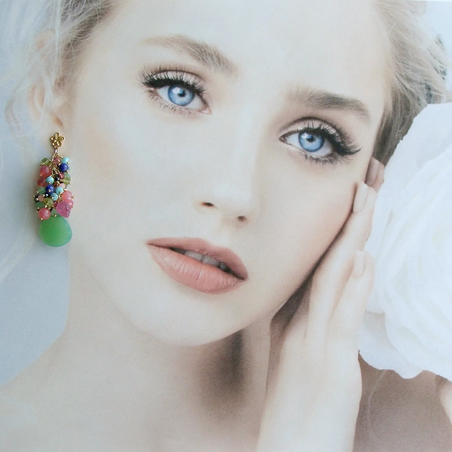 Chrysoprase Turquoise Peridot Lapis Spinel Pink Sapphire Leaves Cluster Earrings - Fleur VIII Earrings
