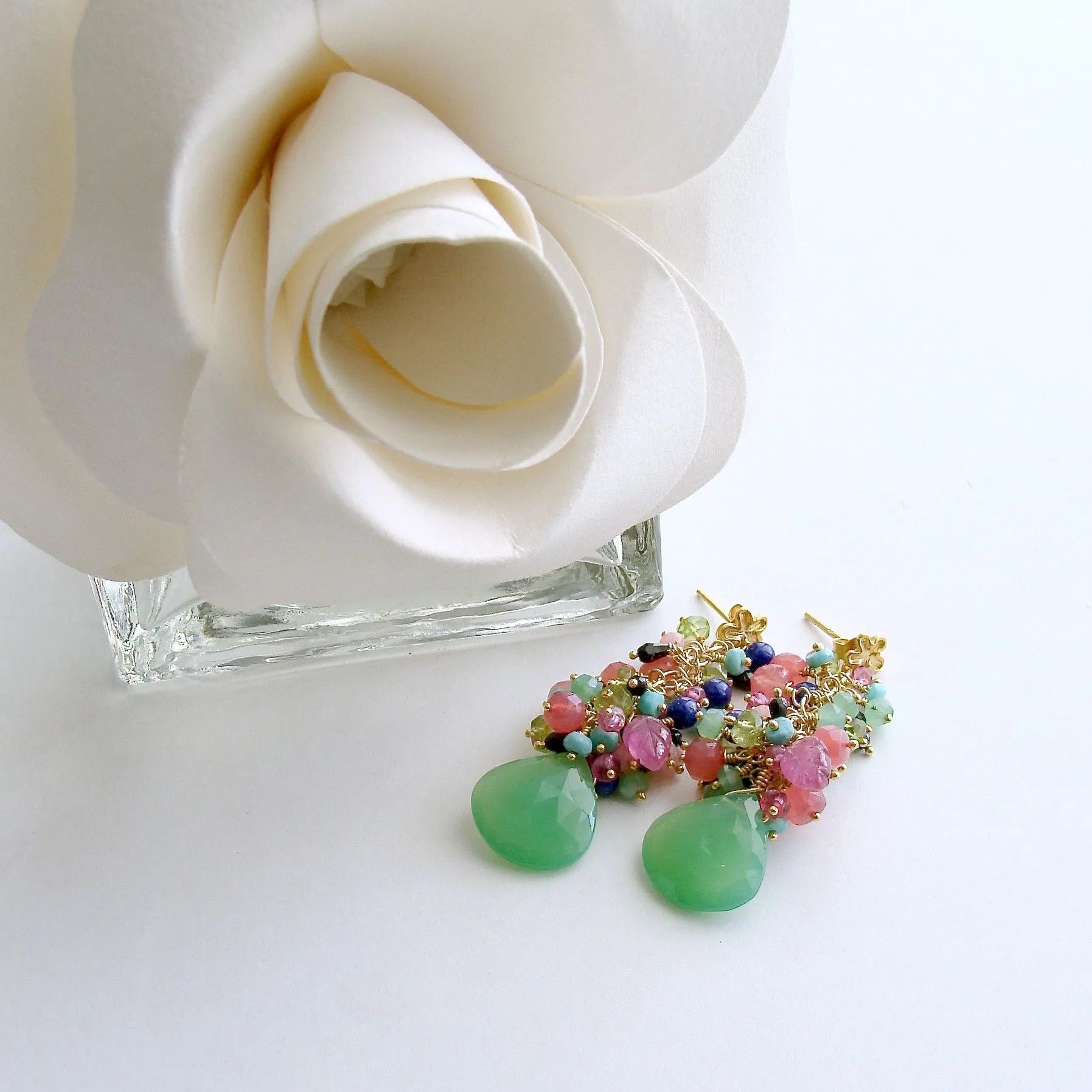 Chrysoprase Turquoise Peridot Lapis Spinel Pink Sapphire Leaves Cluster Earrings - Fleur VIII Earrings