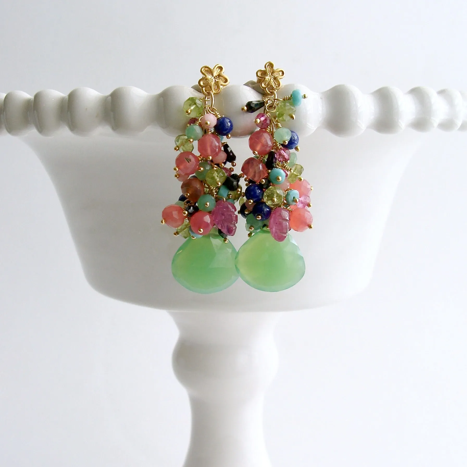 Chrysoprase Turquoise Peridot Lapis Spinel Pink Sapphire Leaves Cluster Earrings - Fleur VIII Earrings